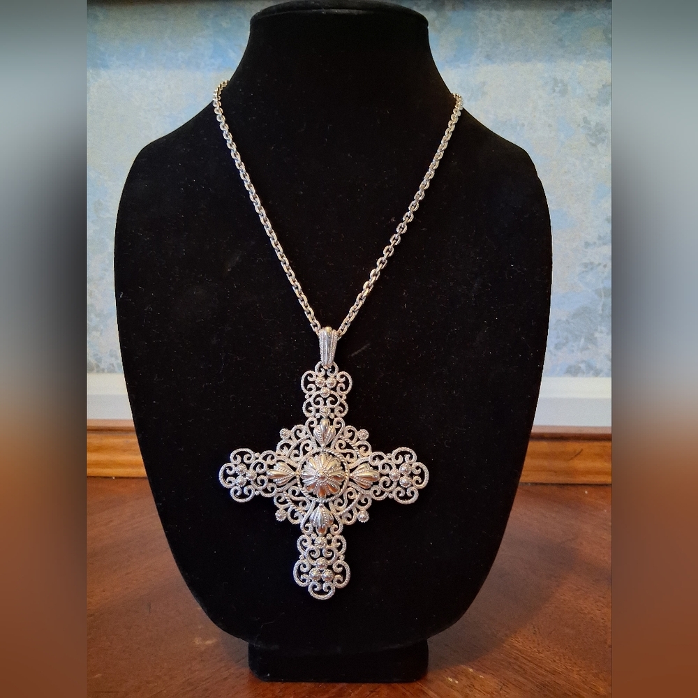 Trifari Vintage Silver Filigree Cross Necklace